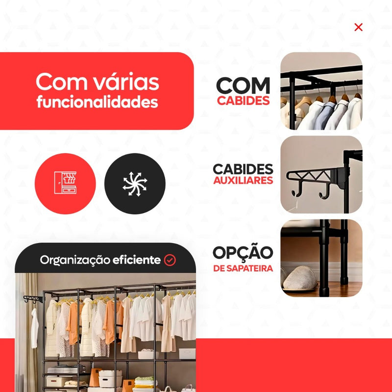 Arara Cabideiro com Sapateira e 10 Prateleiras – 4 Colunas, Super Resistente e Espaçosa para Closet e Quarto!