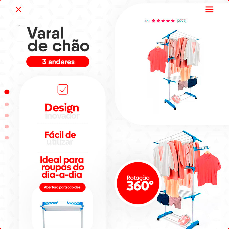 Varal de Chão Retrátil 3 Andares com Rodinhas – Organização e Praticidade para Seu Lar!