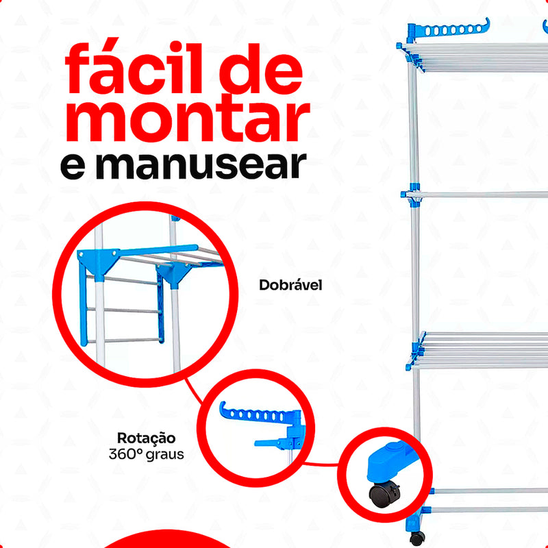 Varal de Chão Retrátil 3 Andares com Rodinhas – Organização e Praticidade para Seu Lar!
